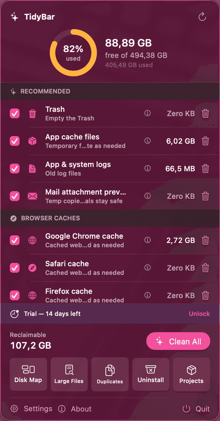 TidyBar menu-bar panel showing reclaimable space