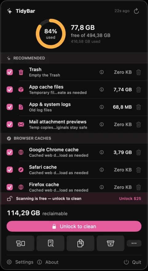 TidyBar menu-bar panel